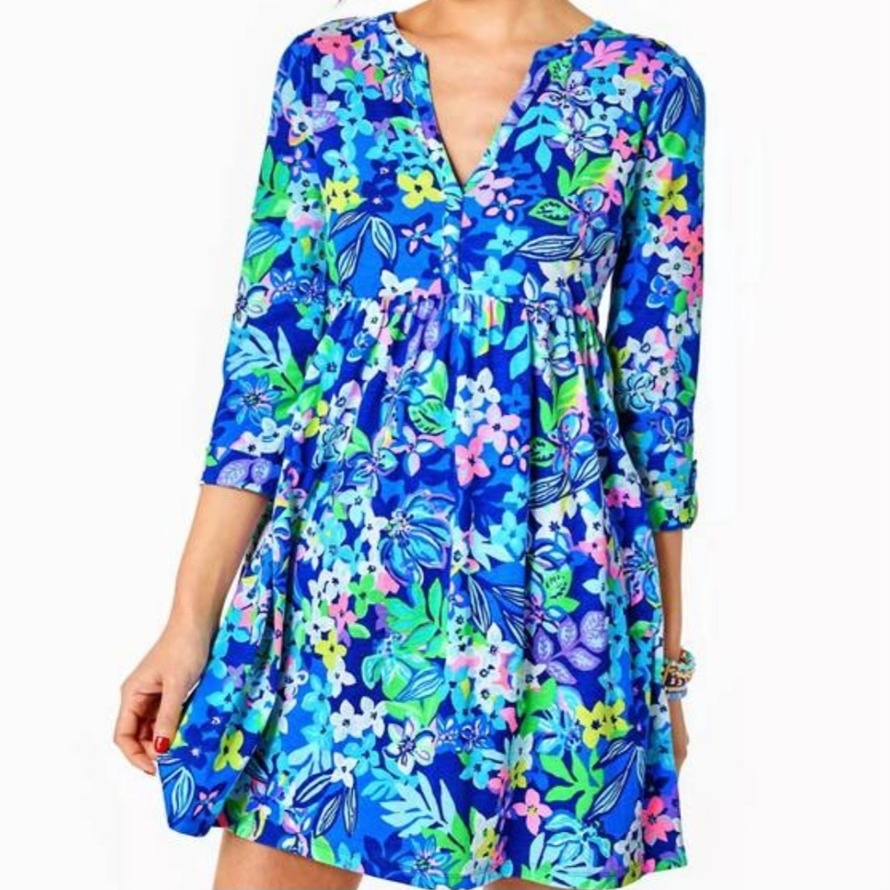 Lilly Pulitzer Loran Borealis Blue Floral Cotton 3/4 Sleeve Dress Women's XS